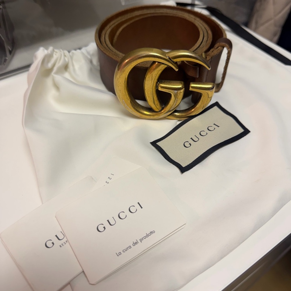 Gucci Tan Leather Belt with Gold GG Emblem